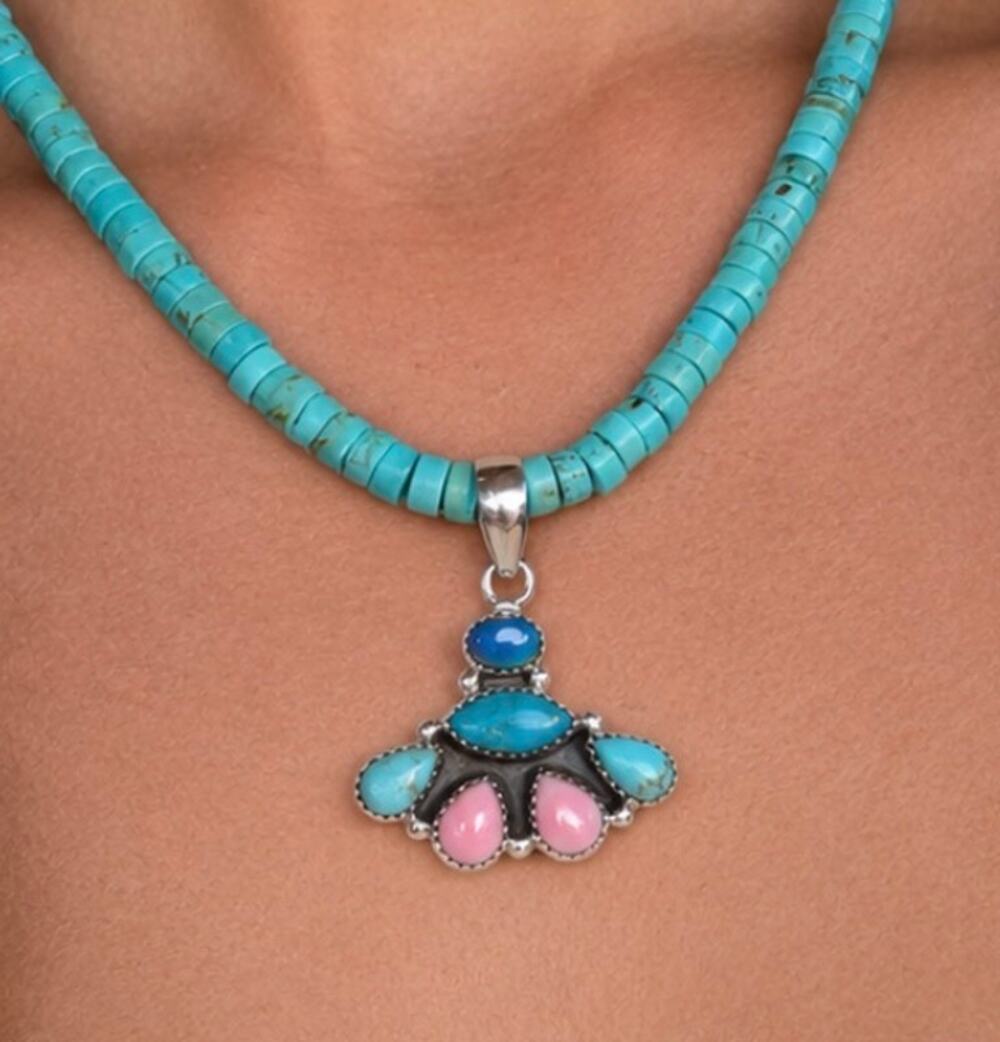 Kingman Turquoise, Pink Conch & Opal Heishi Necklace – 18"